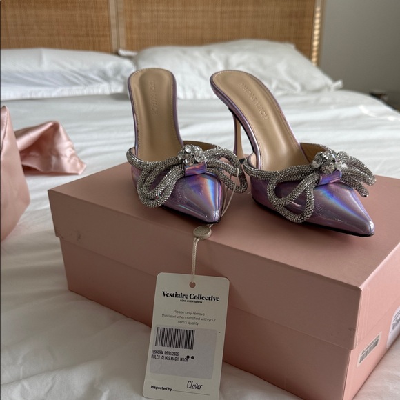MACH & MACH Iridescent Lavender Pointed-Toe Mule Heels with Crystal Bow